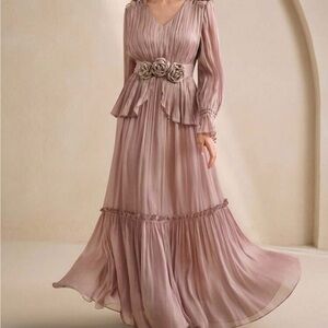 Anewsta Chic Mauve Long Sleeve Dress with Floral Accents - Size XL